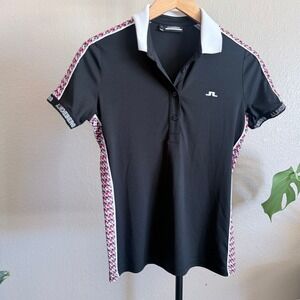J.Lindeberg Damai Polo Shirt Womens Medium Black Pink Geometric Golf